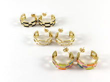 Load image into Gallery viewer, Real 18K Gold Plated Enamel Rectangle Link Earring Hoop Huggies Over Copper 3pairs