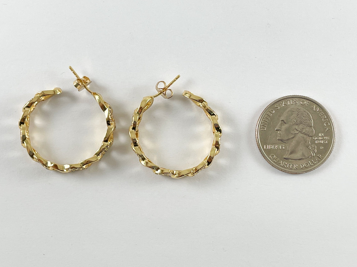 18K Gold and Platinum Plated Cubic Zirconia Cuban Chain Link Earring Hoop Over Copper 3 pairs