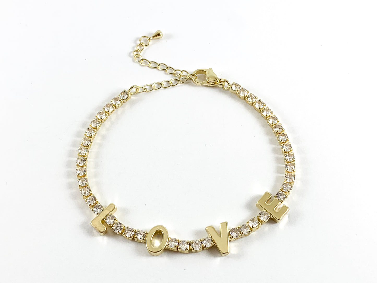 Gold/Silver Plated CZ Pave Box Rhinestone Chain LOVE Bracelet with Extender 4pcs