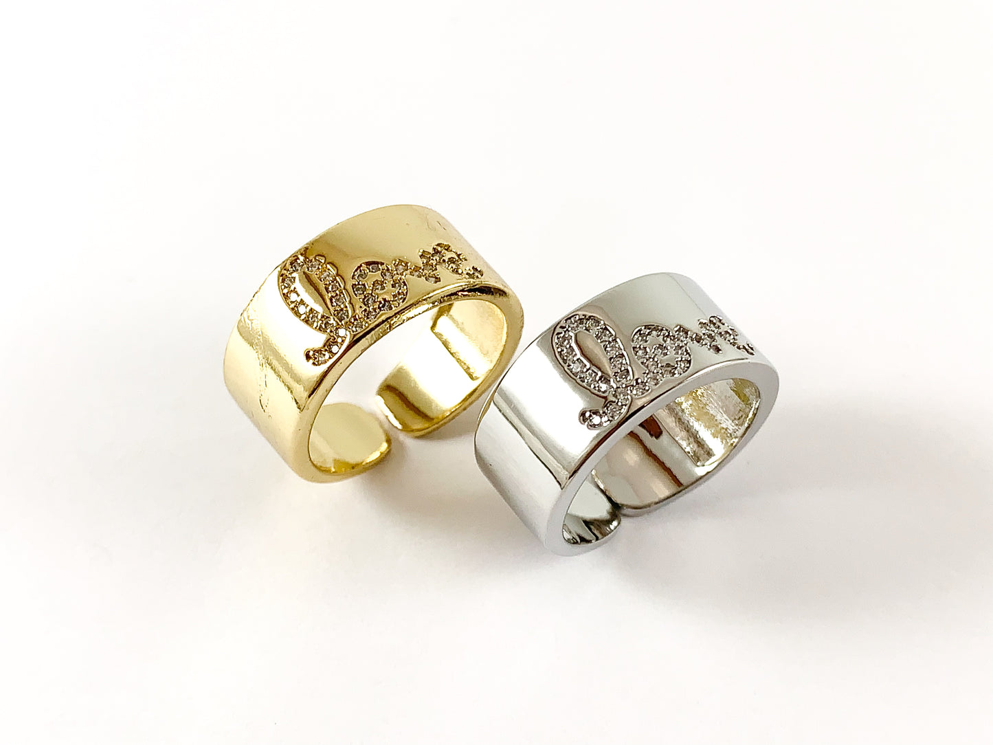 Real Gold/Platinum 18K Plated CZ Pave "LOVE" Graphic Thick Band Ring Size 7 4pcs