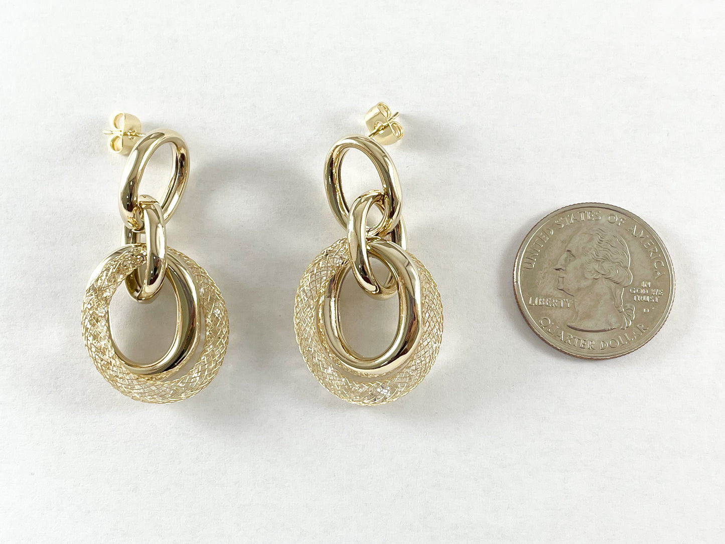 Real 18K Gold Plated CZ Pave Hollow Mesh Oval Link Dangle Earring Over Copper 2 pairs