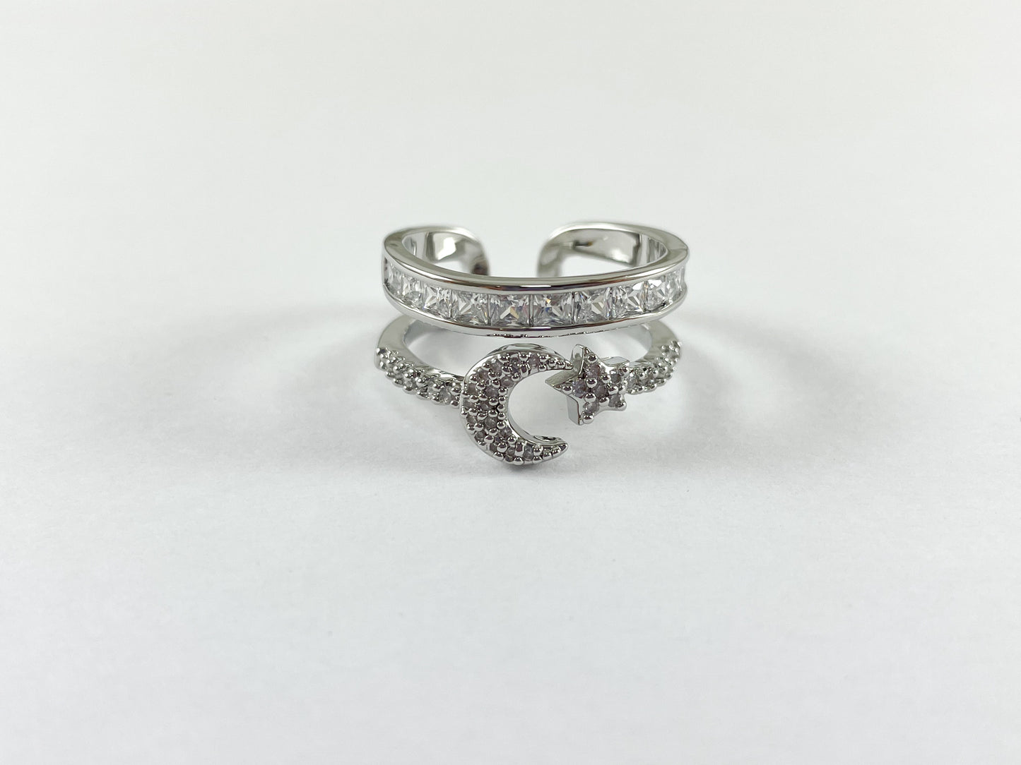 18K Gold and Platinum Plated Double Banded CZ Pave Moon Star Adjustable Ring 4pcs