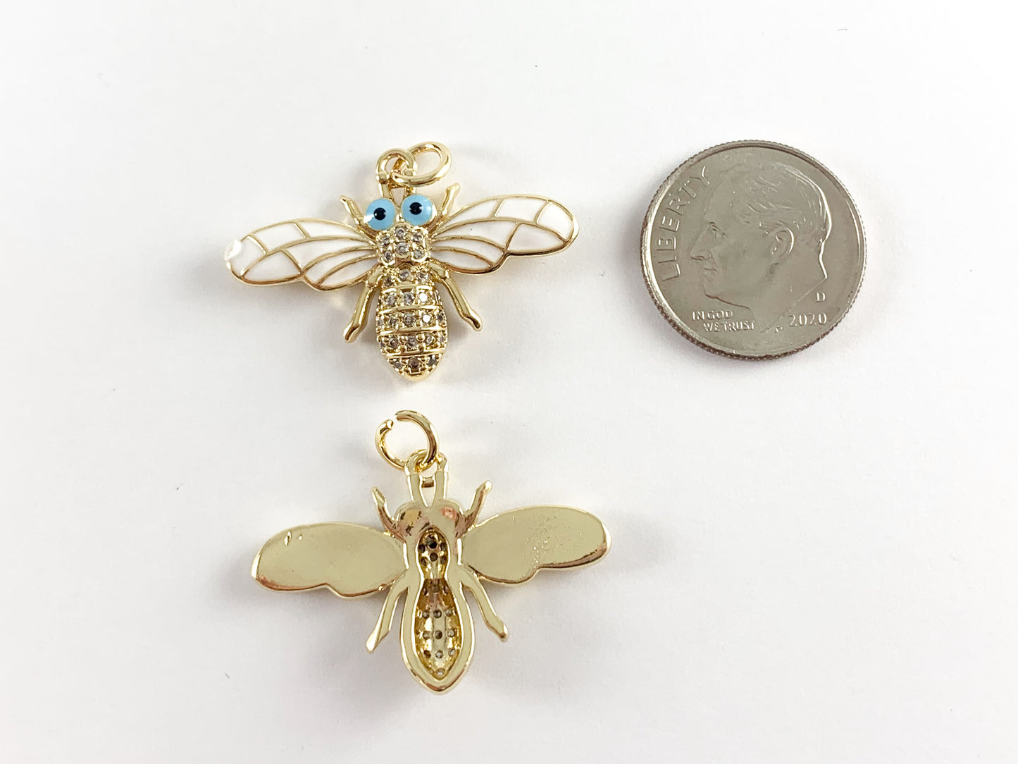 18K Gold Plated CZ Pave Enamel White Blue Bee Charm/Pendants 6 pcs