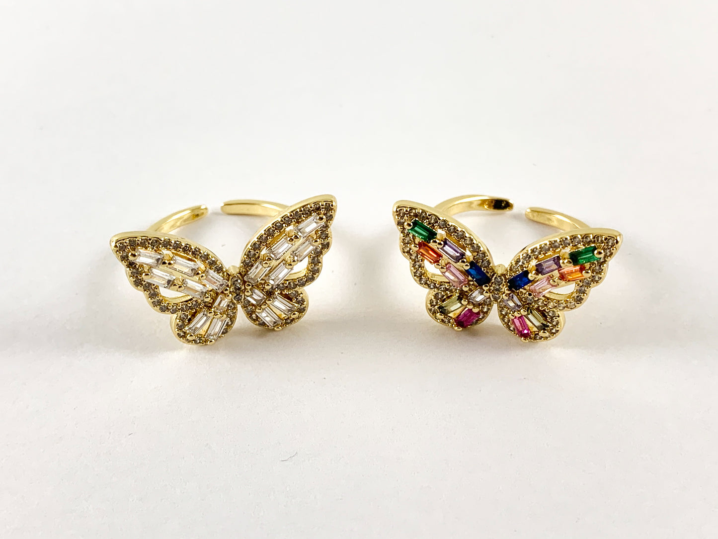 Real Gold 18K Plated/Platinum Plated Copper CZ Pave Clear/Multi Butterfly Statement Adjustable Ring 3pcs