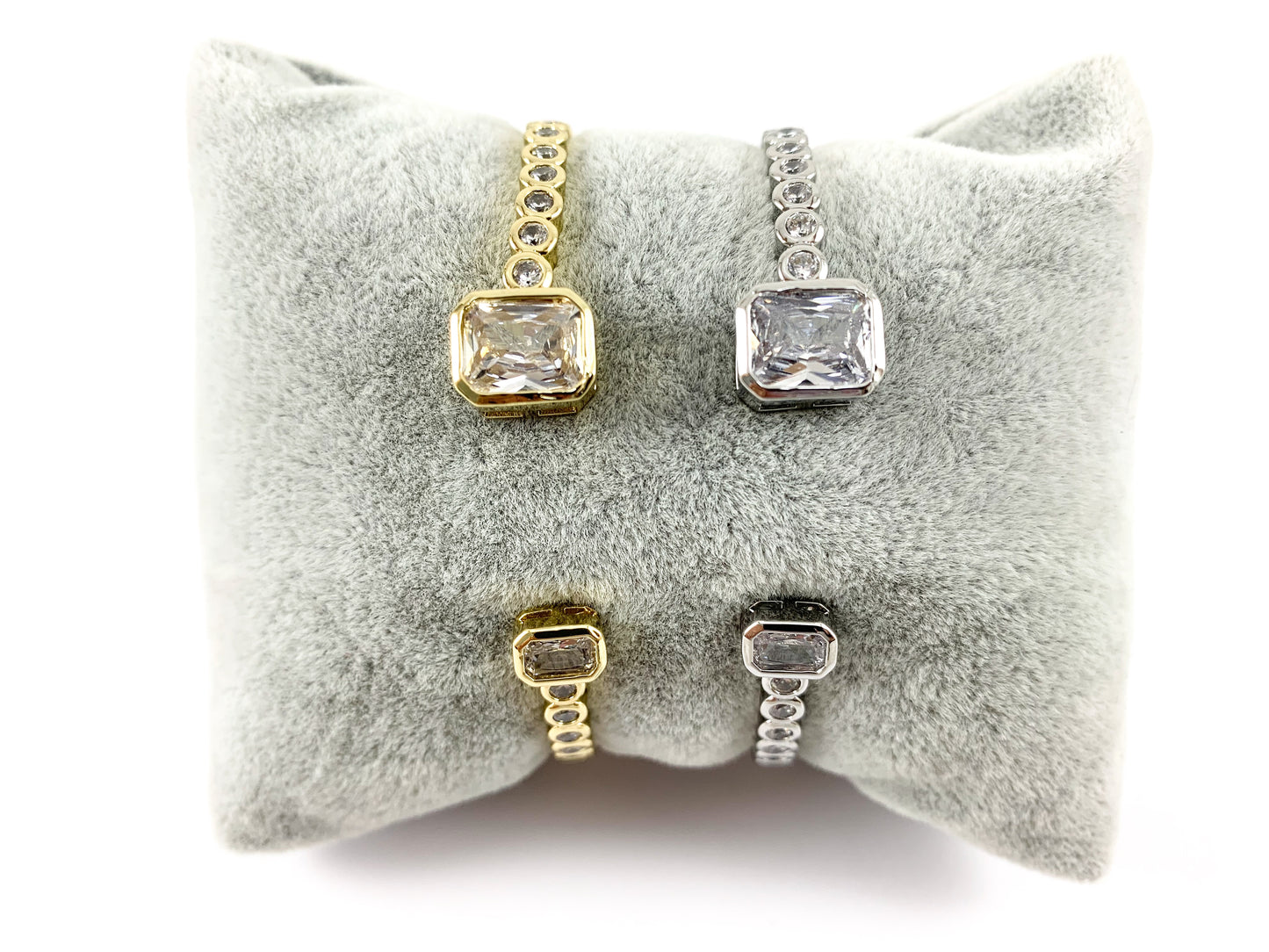 Real Gold/Platinum 18K Plated Copper CZ Pave Rectangle Rhinestone Fancy Open Front Bracelet Cuffs