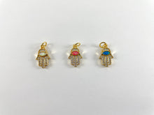 Load image into Gallery viewer, 18K Gold Plated Micro CZ Pave Rhinestone Japanese Opal Hamsa Hand Pendant Charm Over Brass 5pcs