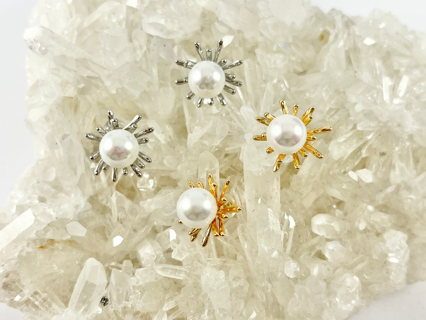 Pretty Unique Pearl Studs in 18K Gold or Silver plated Copper 3 pairs