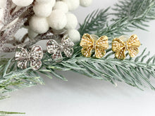 Load image into Gallery viewer, Cute Bowtie Studs with Pearls and CZ Pave in 18K Gold or Silver plated Copper 4 pairs