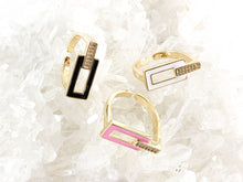 Cargar imagen en el visor de la galería, Anillo llamativo rectangular abierto vintage geométrico con esmalte pavé de circonita chapado en oro real de 18 quilates, 4 piezas