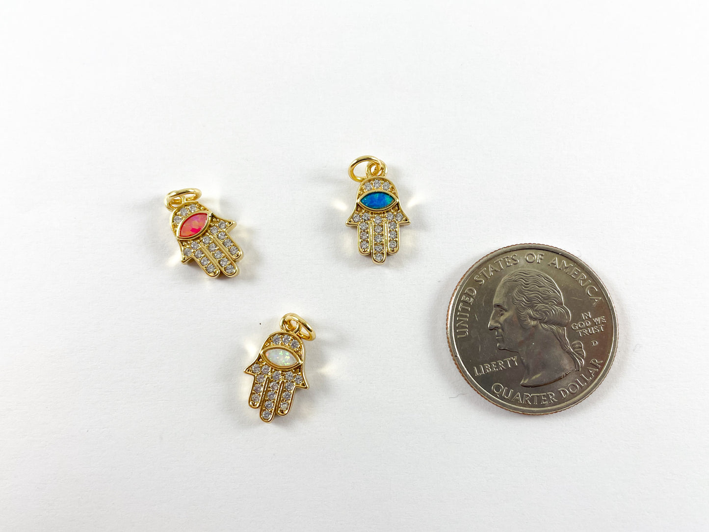 18K Gold Plated Micro CZ Pave Rhinestone Japanese Opal Hamsa Hand Pendant Charm Over Brass 5pcs
