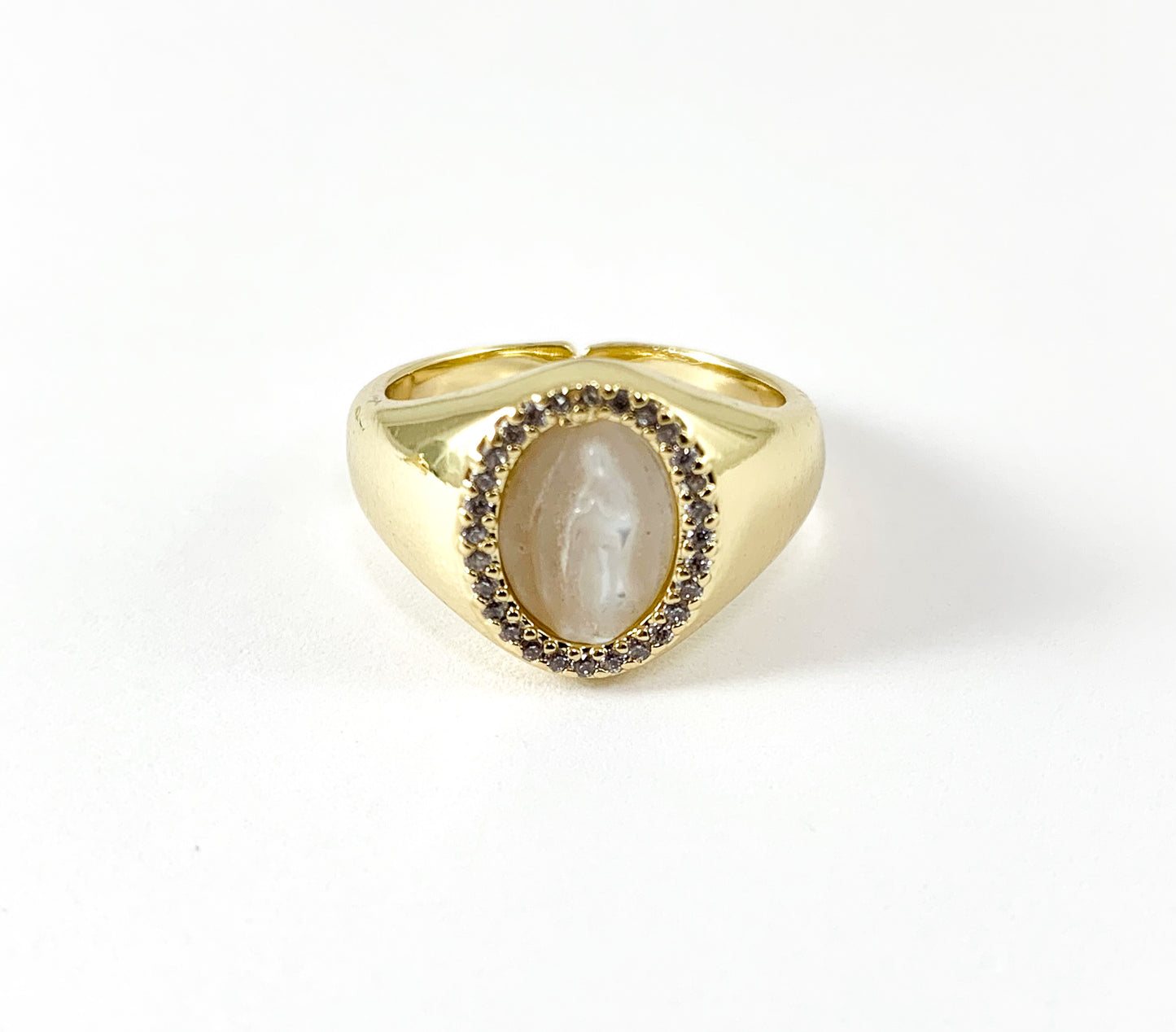 Real Gold 18K Plated CZ Pave Mother of Pearl Shell Religious Virgin Guadalupe Signet Ring 4pc