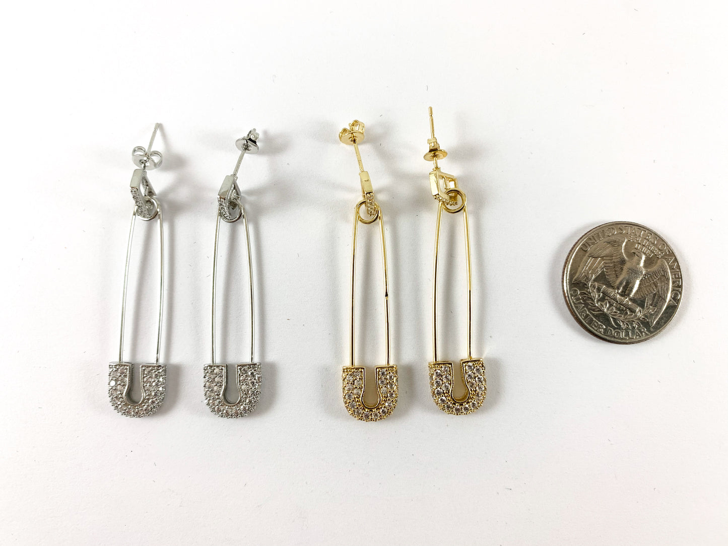 Real Gold/Platinum 18K Plated CZ Pave Safety Pin Dangle Earring 2 pairs