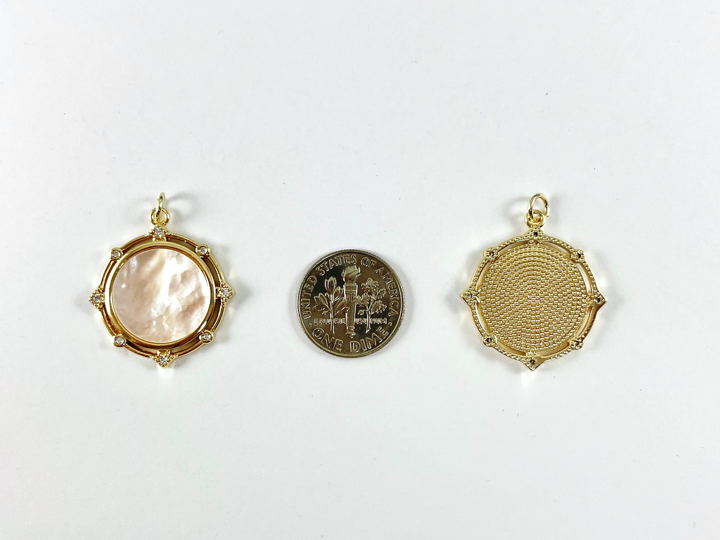 18K Real Gold Plated Micro CZ Pave White Lip Shell Circle Coin Charm Pendant Over Copper 6pcs