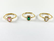 Cargar imagen en el visor de la galería, Anillo ajustable de diamante rosa con halo solitario de talla esmeralda con circonita cúbica rectangular chapada en oro real de 18 quilates, 6 piezas