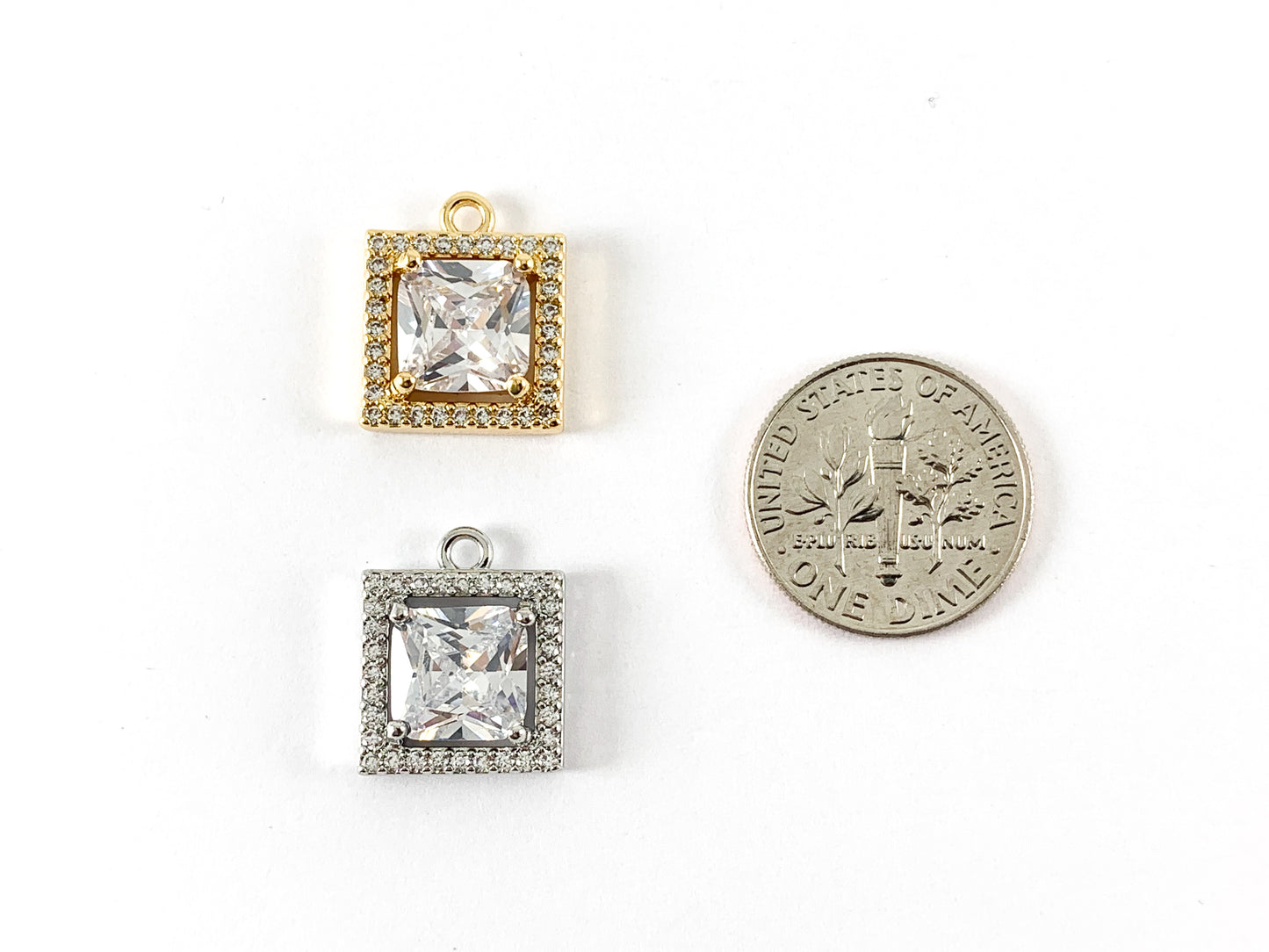 18K Gold Plated Brass Square Cubic Zirconia Pave Rhinestone Pendant Charm Over Brass 6pcs