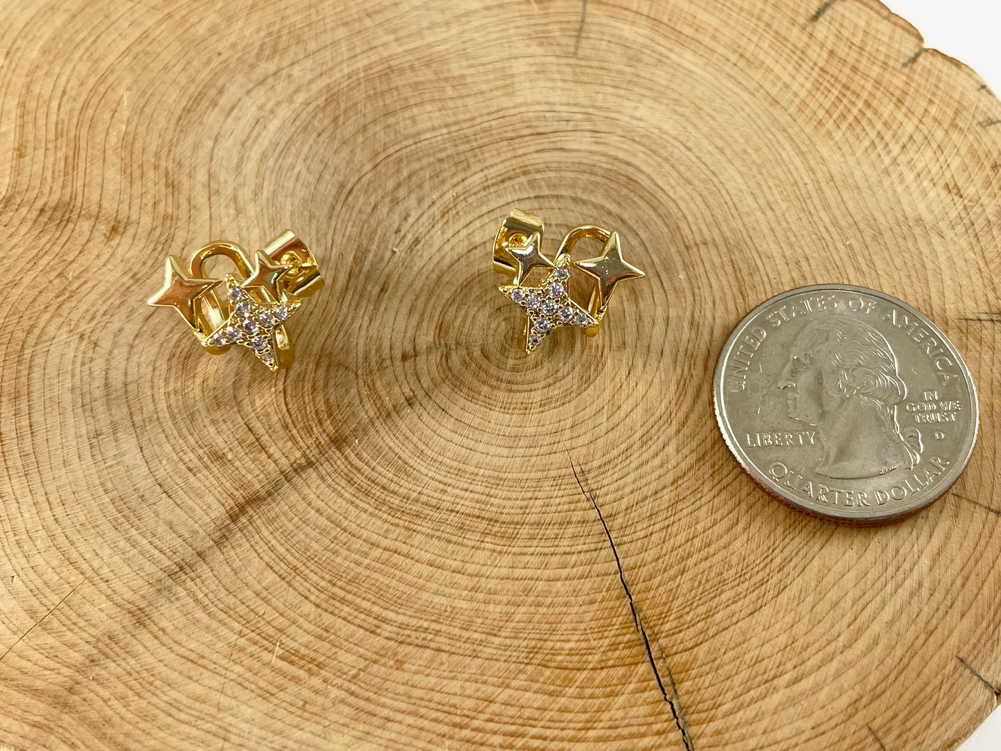 Real 18K Gold Plated CZ Pave Triple Stars Earring Studs Cuff Over Copper 4 pairs