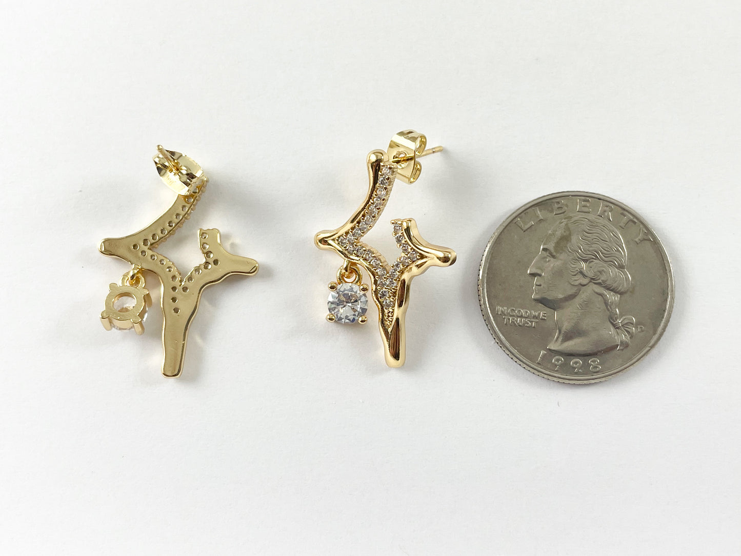 Real 18K Gold Plated CZ Pave Twinkle Star Dangle Charm Earrings Over Copper 3pairs