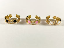 Load image into Gallery viewer, Enamel Stars Black Pink White 18K Gold Plated Copper CZ Pave Adjustable Ring 4pcs