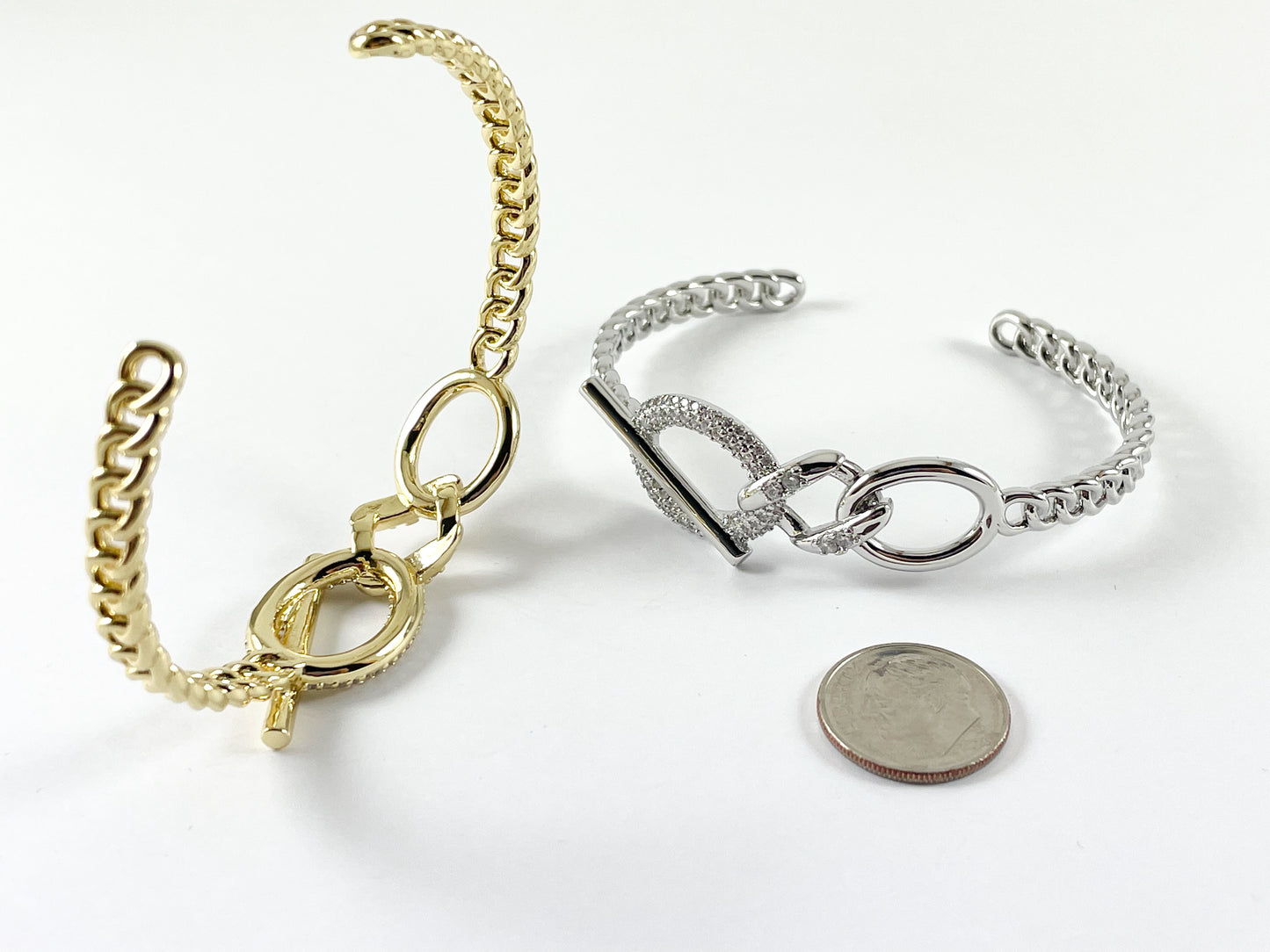 Real Gold/Platinum 18K Plated Copper CZ Pave Link Toggle Rhinestone Trendy Bracelet Cuffs 1 cuff