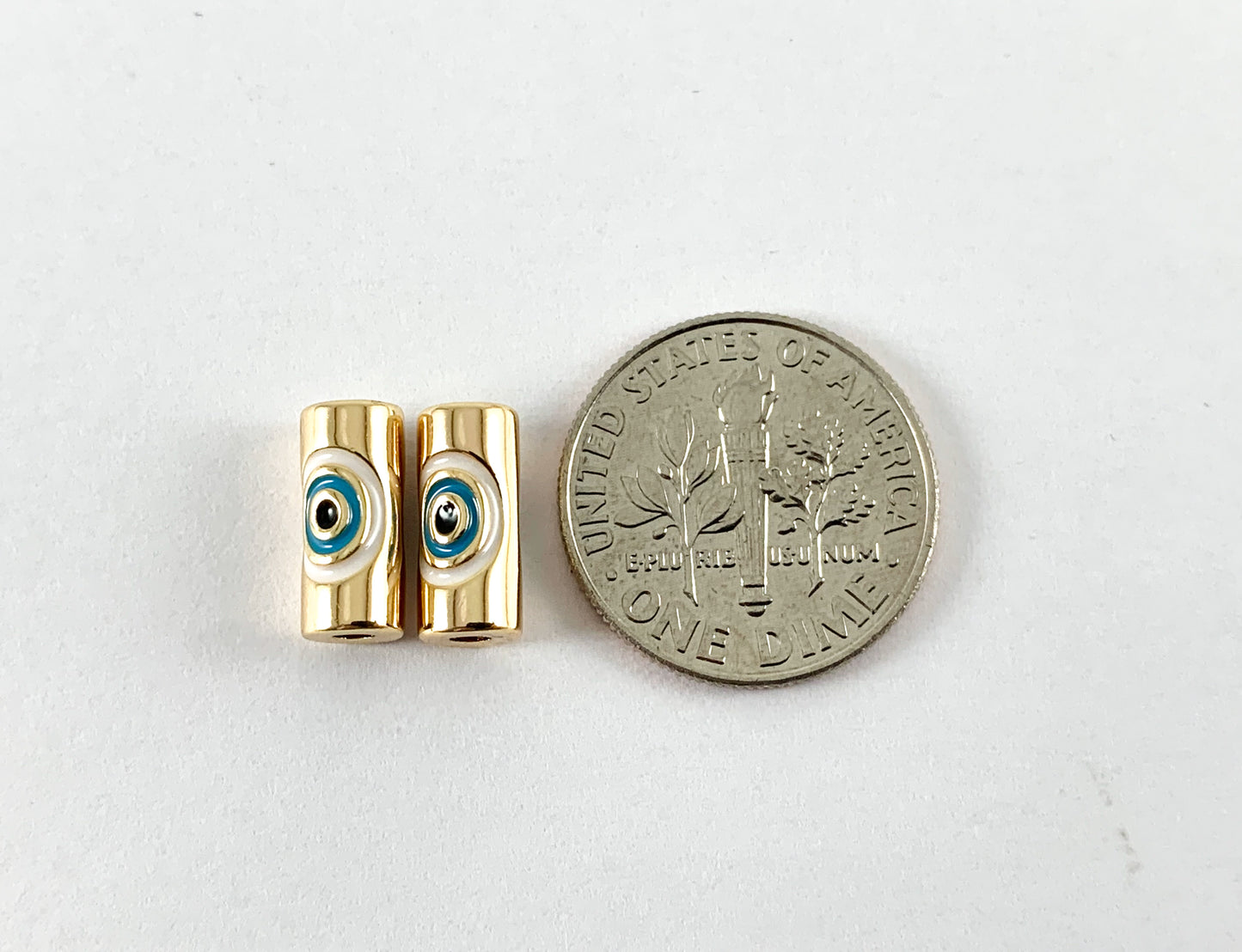 Cuentas de tubo cilíndrico diminuto de ojo malvado de latón chapado en oro de 18 quilates, 10 piezas