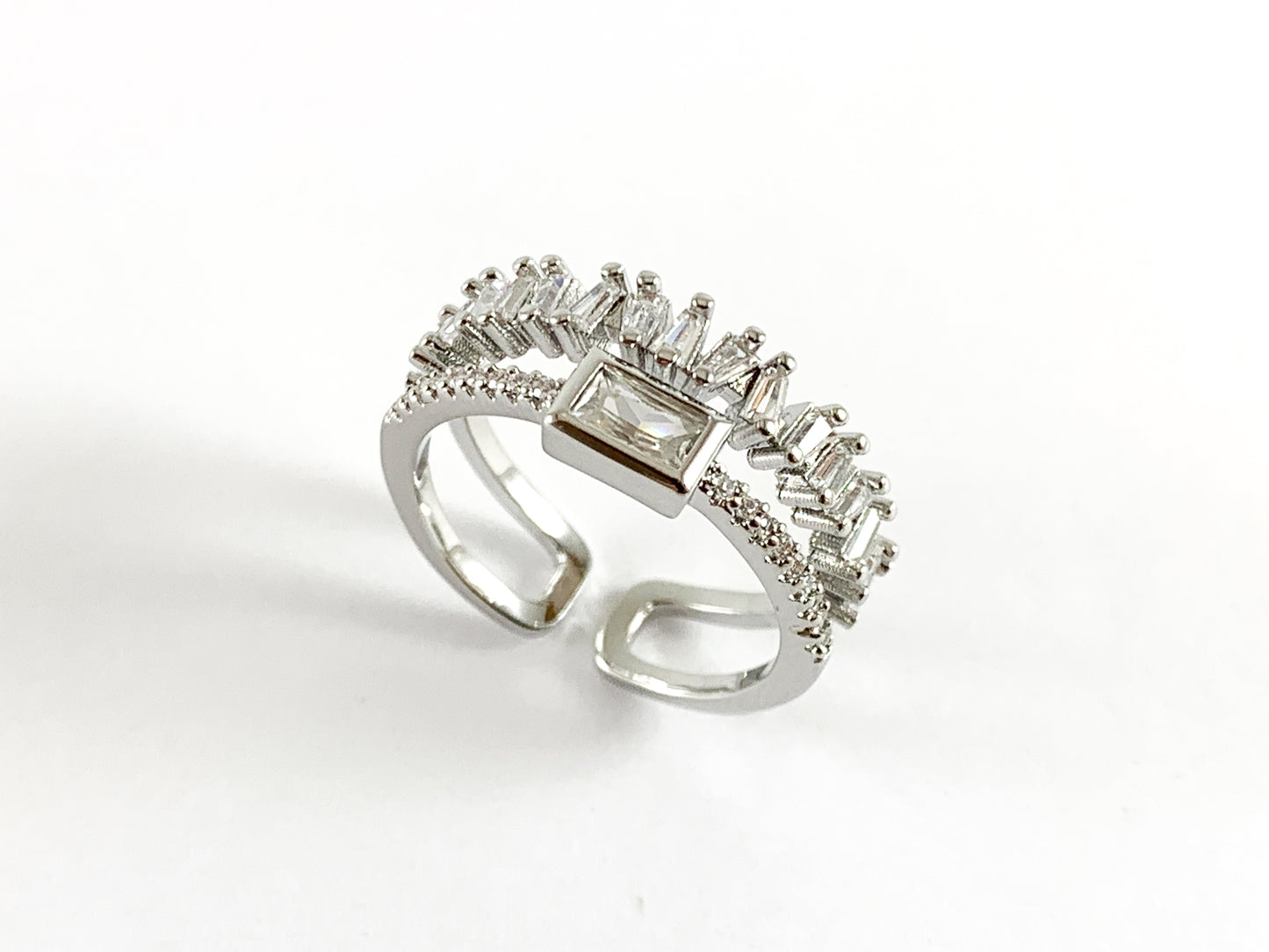 18K Real Gold/Platinum Plated CZ Pave Rectangle Cluster Double Band Adjustable Ring 4pcs