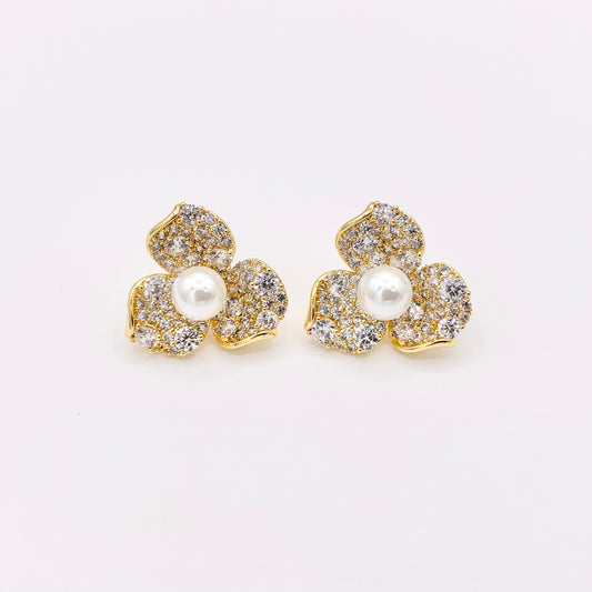 Three Petal CZ Pearl Flower Earring Studs in 18K Gold Plated Copper 2 pairs