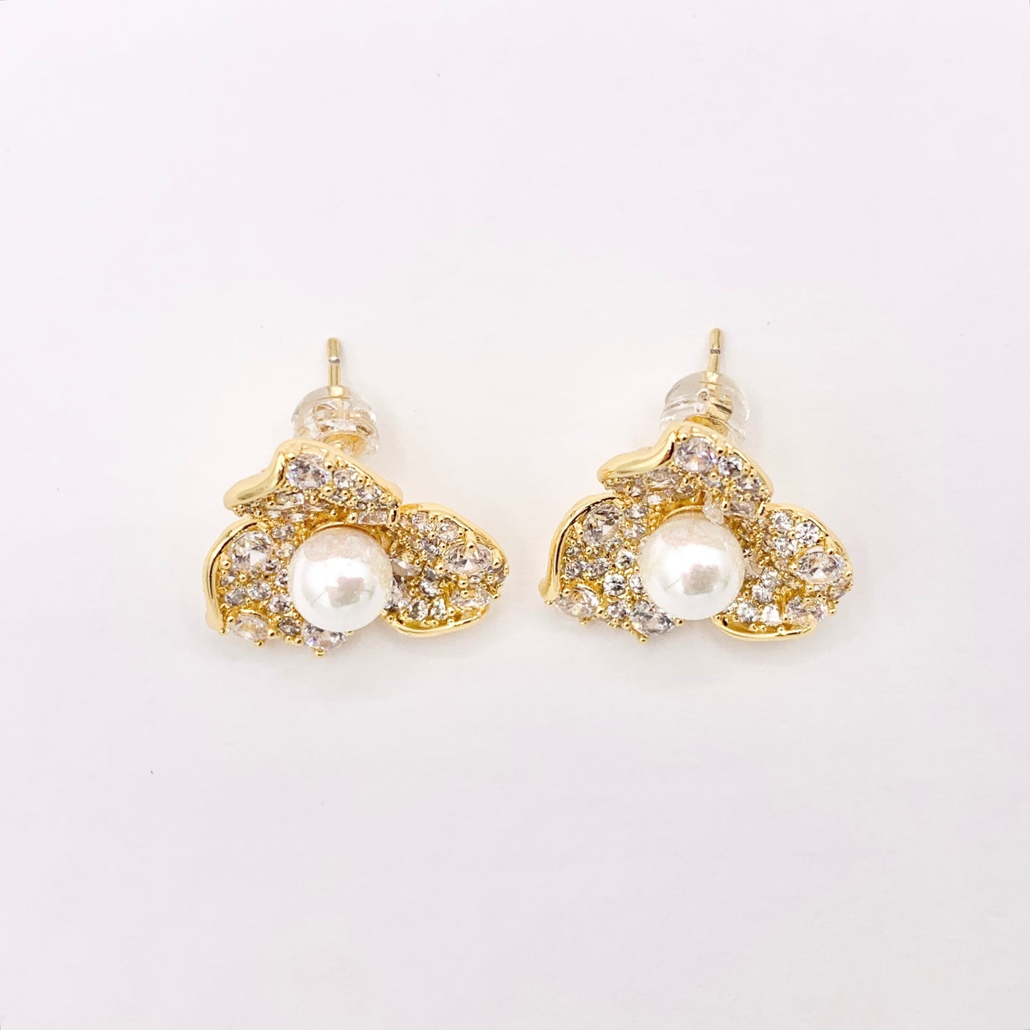 Three Petal CZ Pearl Flower Earring Studs in 18K Gold Plated Copper 2 pairs