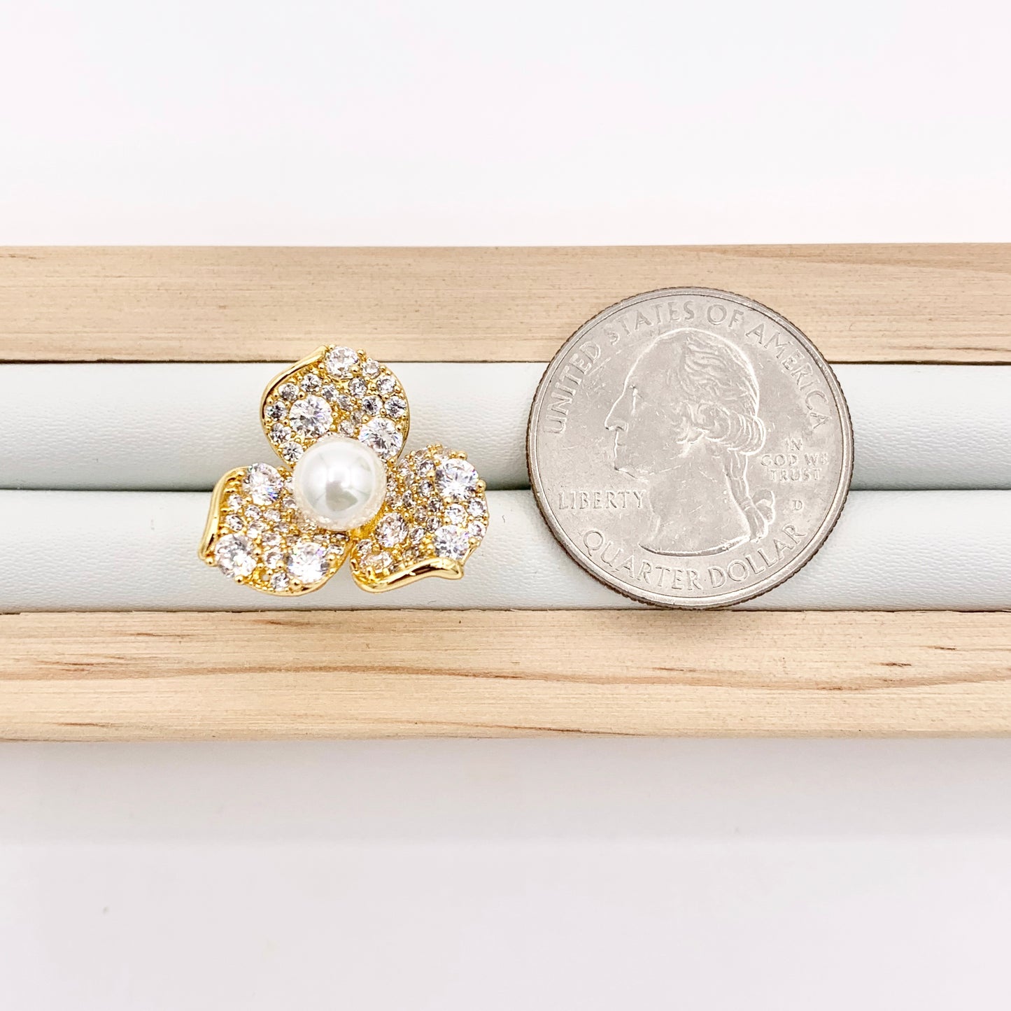 Three Petal CZ Pearl Flower Earring Studs in 18K Gold Plated Copper 2 pairs