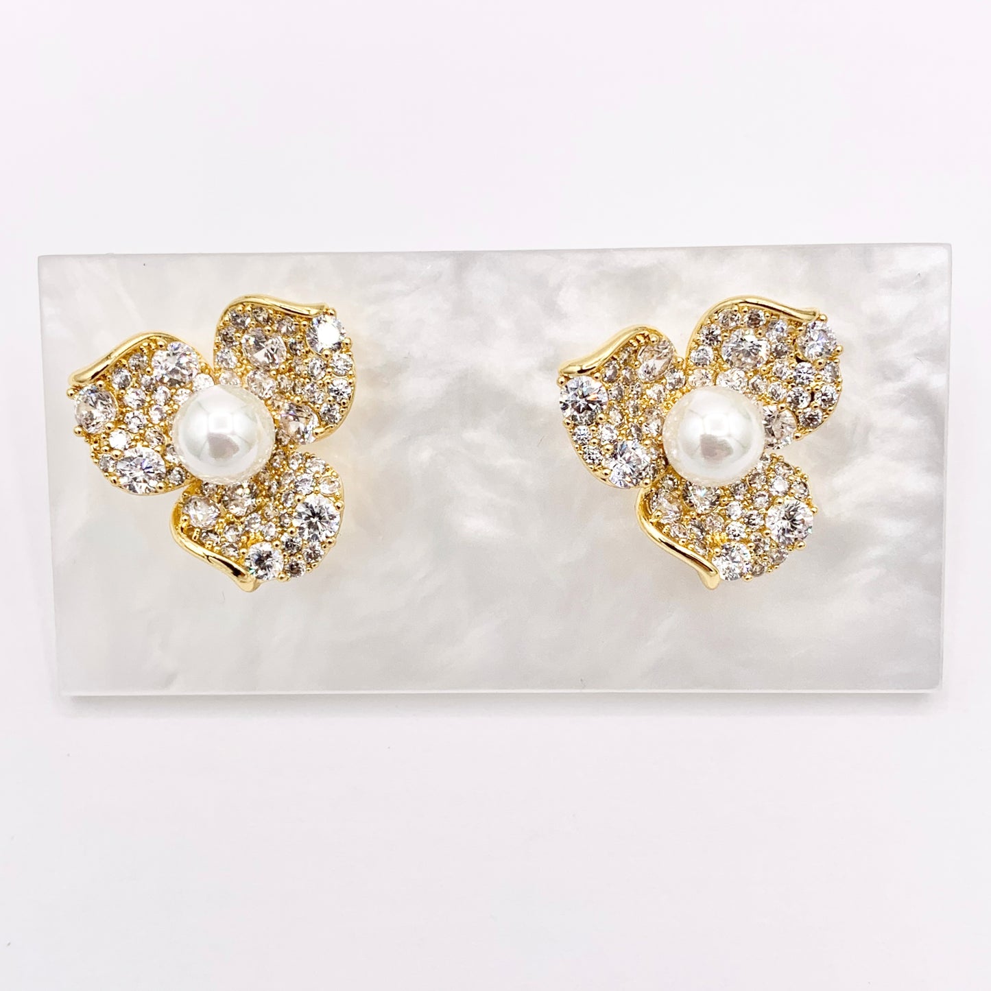 Three Petal CZ Pearl Flower Earring Studs in 18K Gold Plated Copper 2 pairs