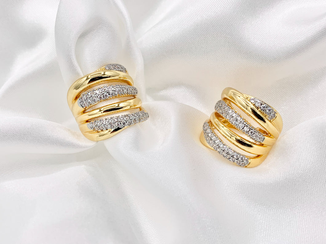 2 Tone Thick Wrap Adjustable Ring in Real Gold/Platinum 18K Plated Copper CZ Pave Size 7-7.5 | 3PCS