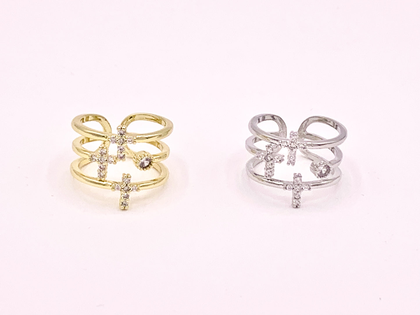 Cross Triple Band Micro CZ Pave Ring in 18K Gold or Silver Plated Copper 4 pcs