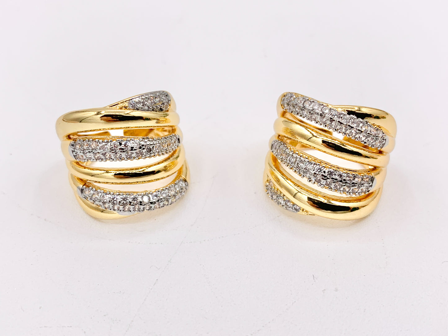 2 Tone Thick Wrap Adjustable Ring in Real Gold/Platinum 18K Plated Copper CZ Pave Size 7-7.5 | 3PCS