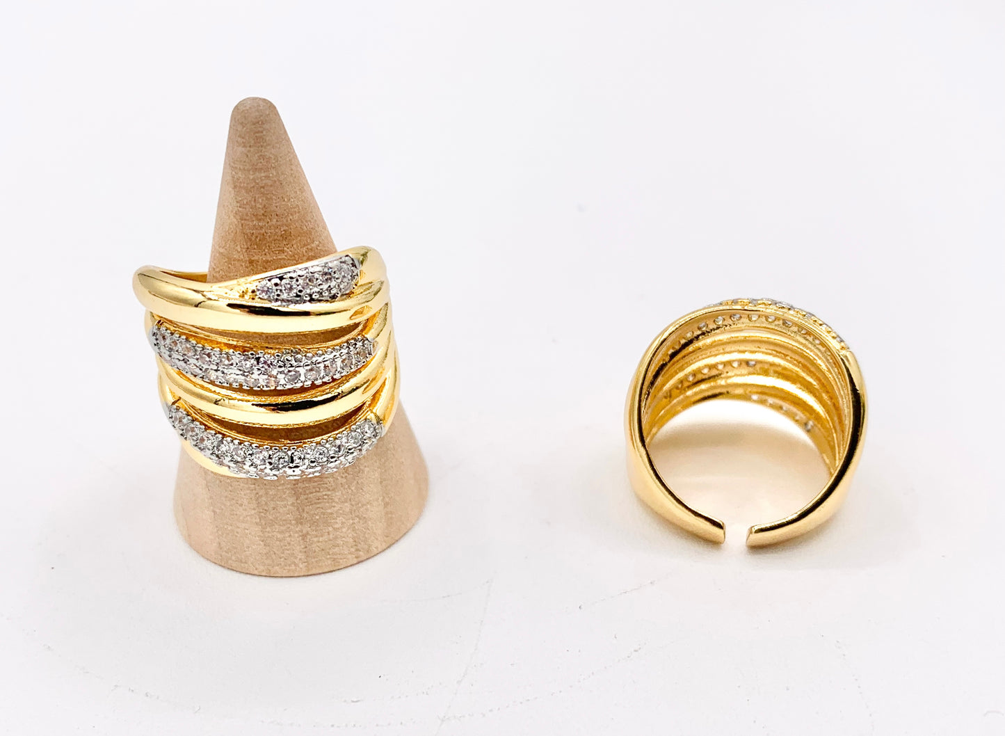 2 Tone Thick Wrap Adjustable Ring in Real Gold/Platinum 18K Plated Copper CZ Pave Size 7-7.5 | 3PCS