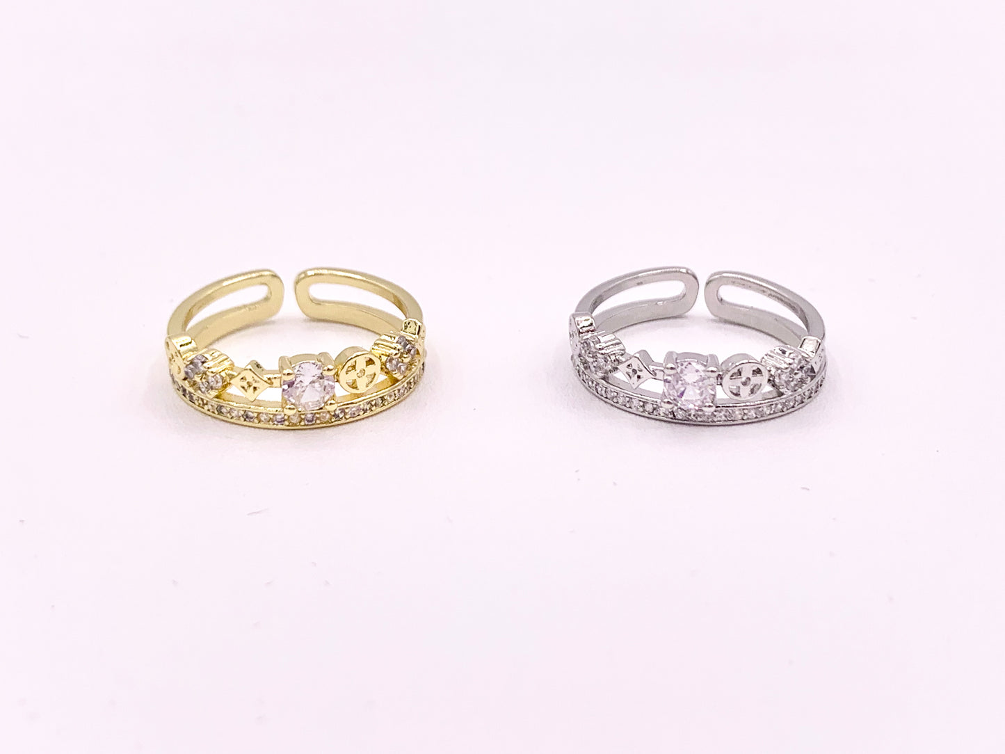 Double Stack Geometric Vintage CZ Pave Style Rings in 18K Gold or Silver Plated Copper 4 pcs
