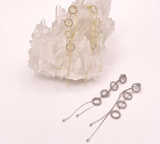 Long Delicate Circle CZ Pave Tassel Earrings in 18K Gold or Silver plated over Copper 1 pair