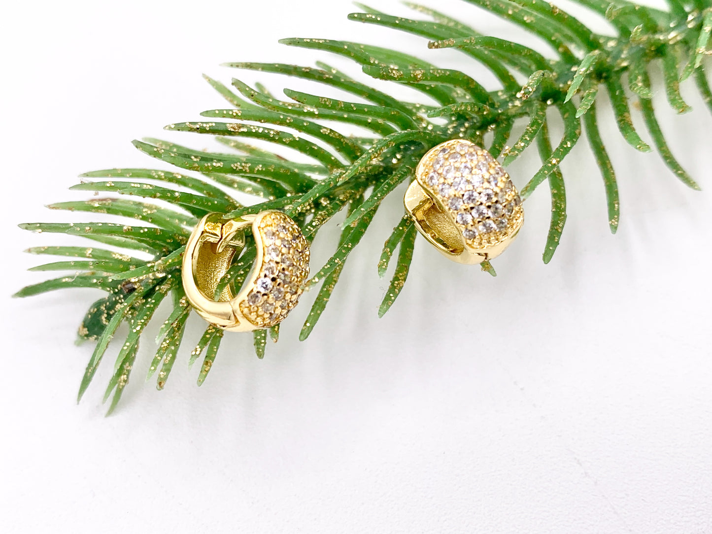 Cute Puffy Earring Hoop Huggies in CZ Pave Real Gold 18K Over Copper 5 PAIRS