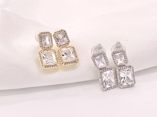 Pendientes rectangulares con pavé de circonita cúbica deslumbrante con diamantes de imitación deslumbrantes y talla esmeralda en oro de 18 quilates o cobre chapado en plata, 3 pares