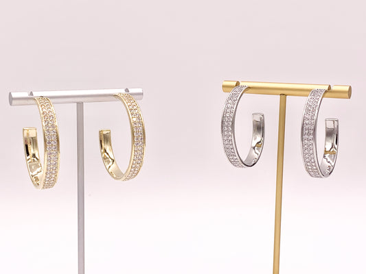 Large Rhinestone Thick CZ Pave Hoop Earrings in 18K gold or Silver Plated Copper 2 pairs