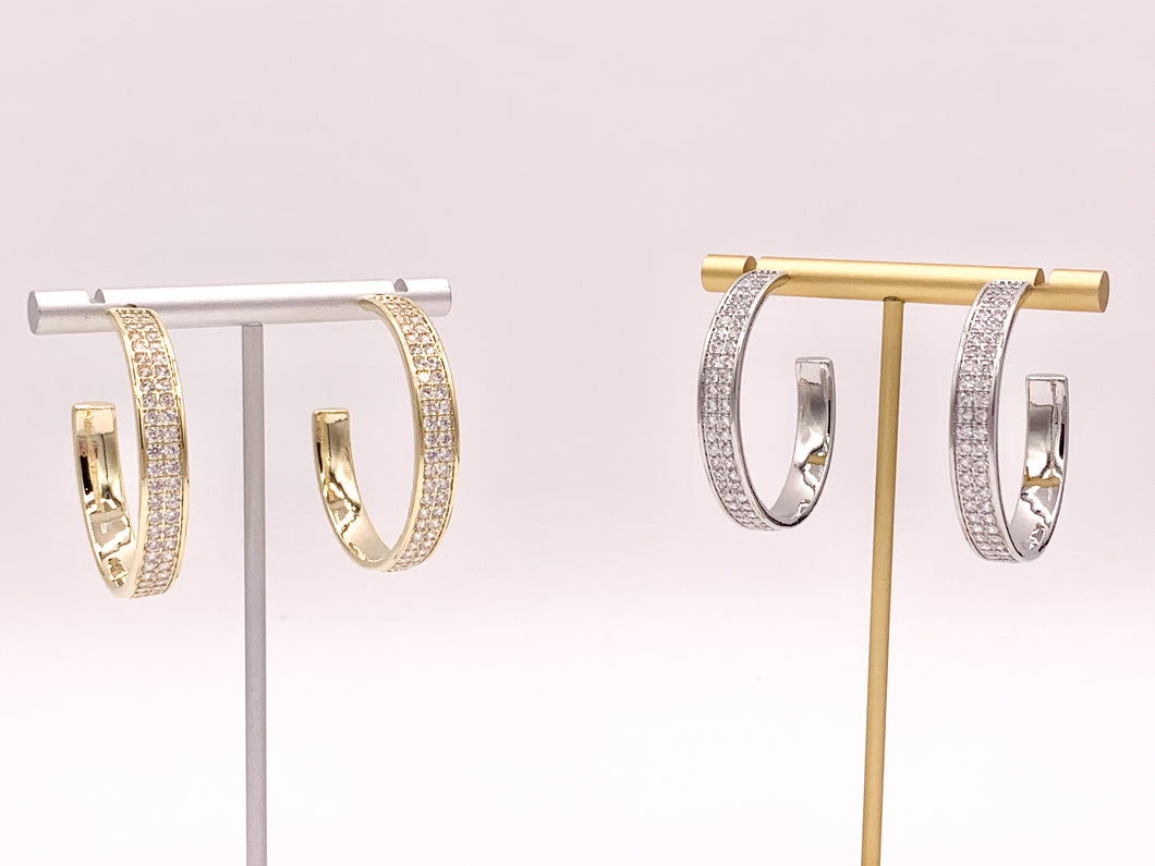 Large Rhinestone Thick CZ Pave Hoop Earrings in 18K gold or Silver Plated Copper 2 pairs