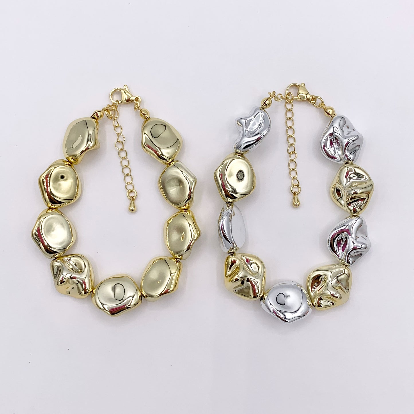 Lightweight Nugget Beaded Bracelet in Gold/Silver 2 Tone Plated Acrylic 7.5"-9" Price 1 PC
