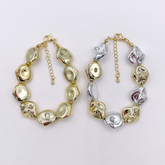 Lightweight Nugget Beaded Bracelet in Gold/Silver 2 Tone Plated Acrylic 7.5"-9" Price 1 PC