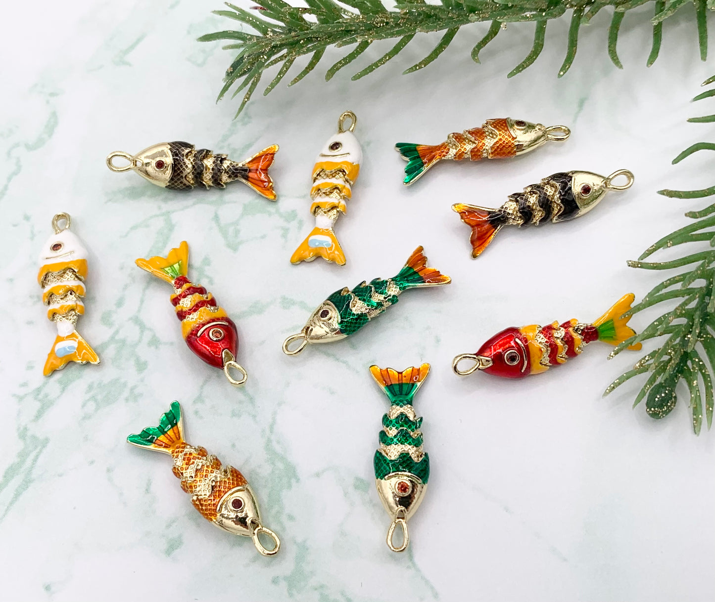 Cute Dangle Colorful Fish Charms in 18K Gold Plated Copper with Enamel Color Plating 5 PCS