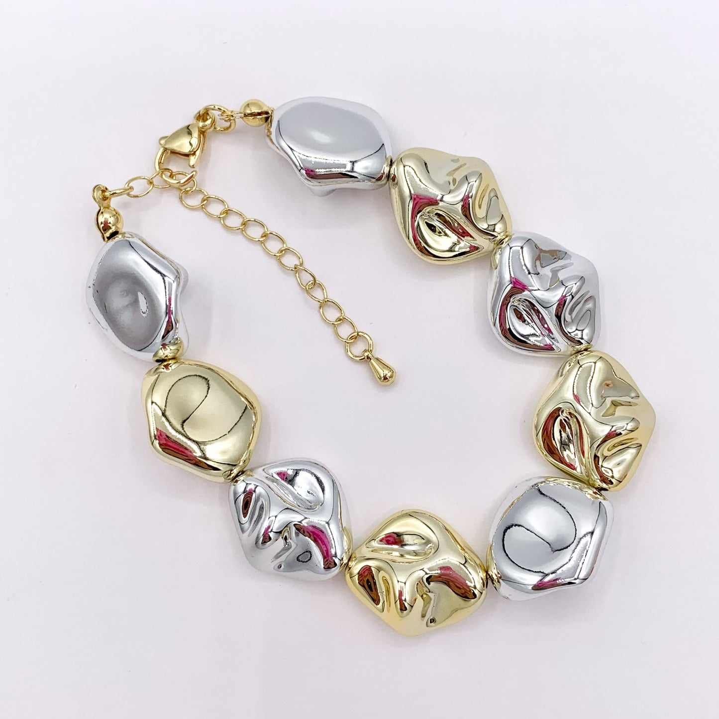Lightweight Nugget Beaded Bracelet in Gold/Silver 2 Tone Plated Acrylic 7.5"-9" Price 1 PC