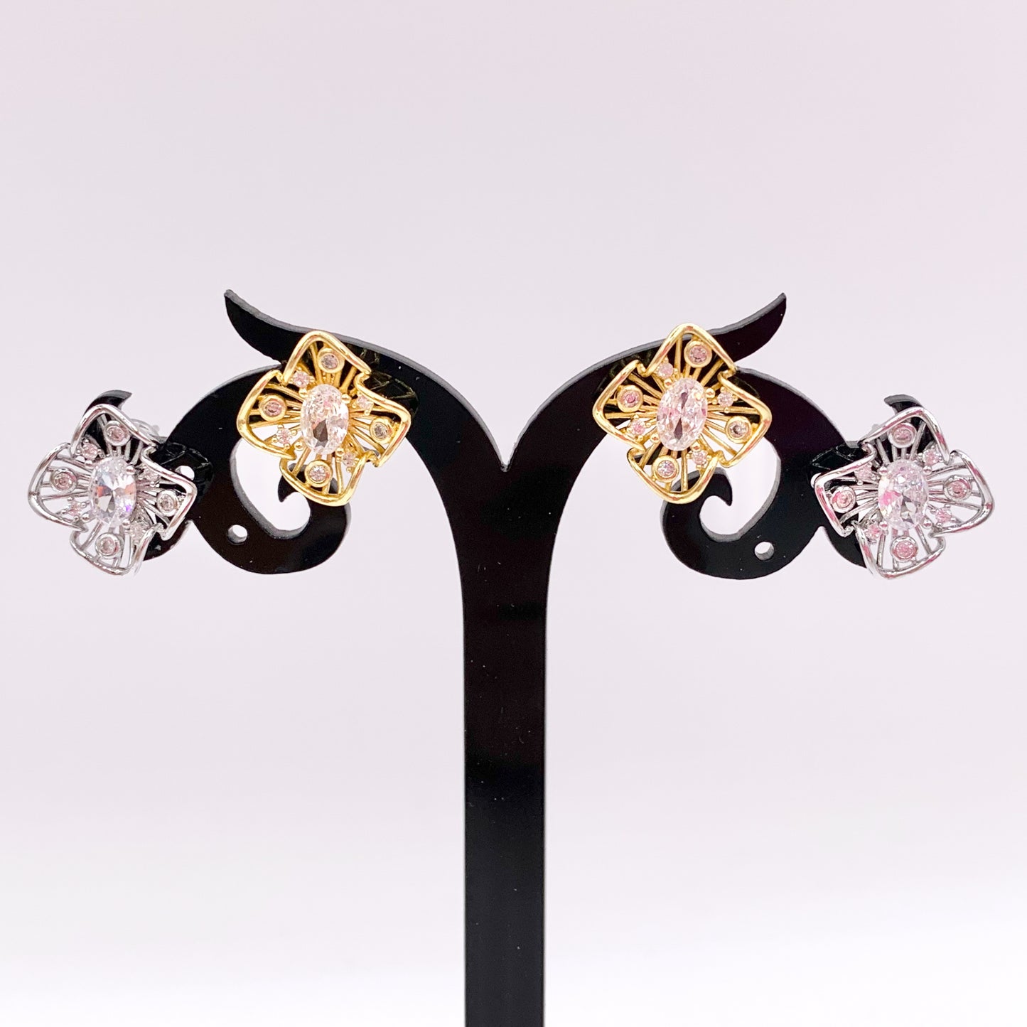 Dainty Square Filigree Studs in CZ Pave 18K Gold/Silver Plated Over Copper Earrings 4 PAIRS