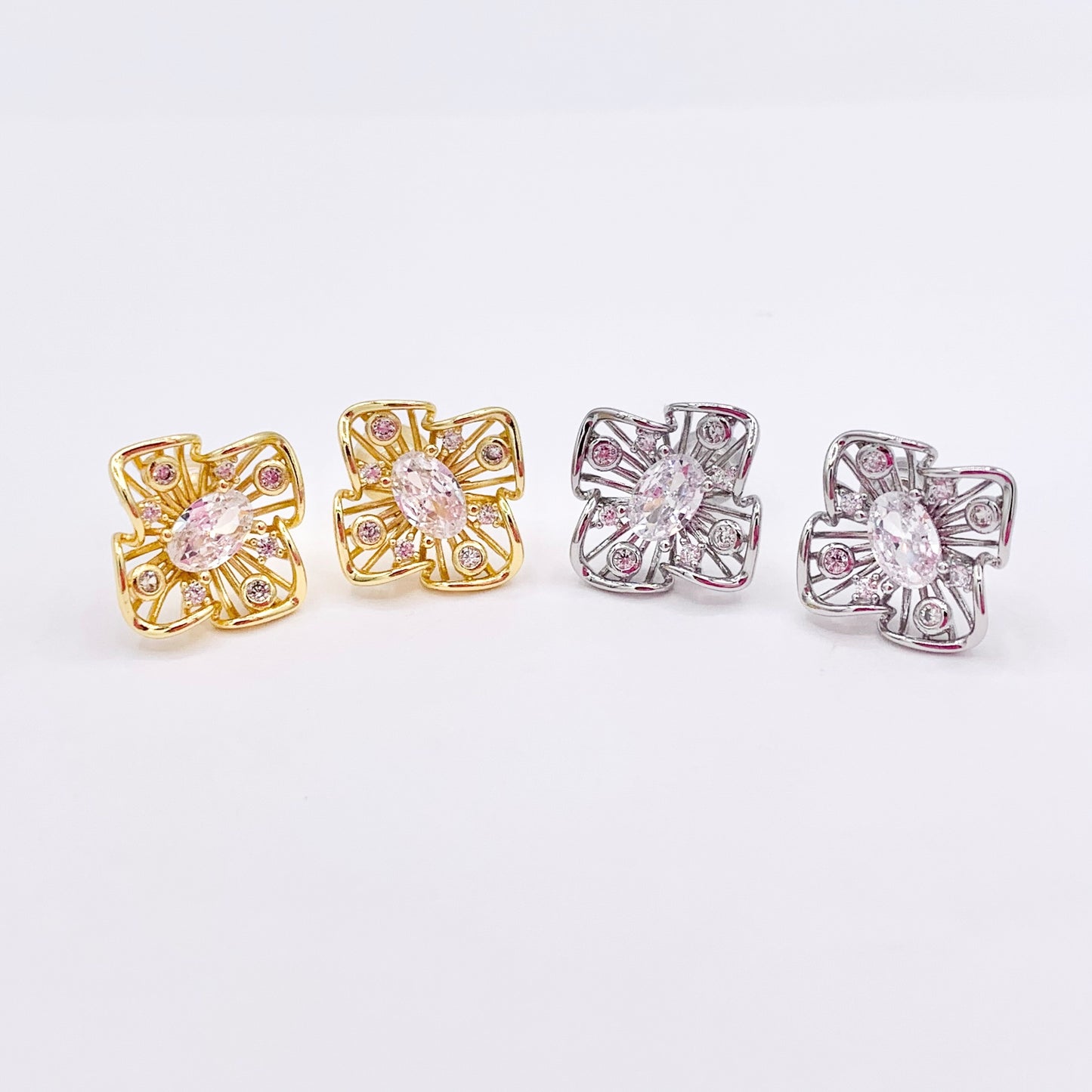 Dainty Square Filigree Studs in CZ Pave 18K Gold/Silver Plated Over Copper Earrings 4 PAIRS