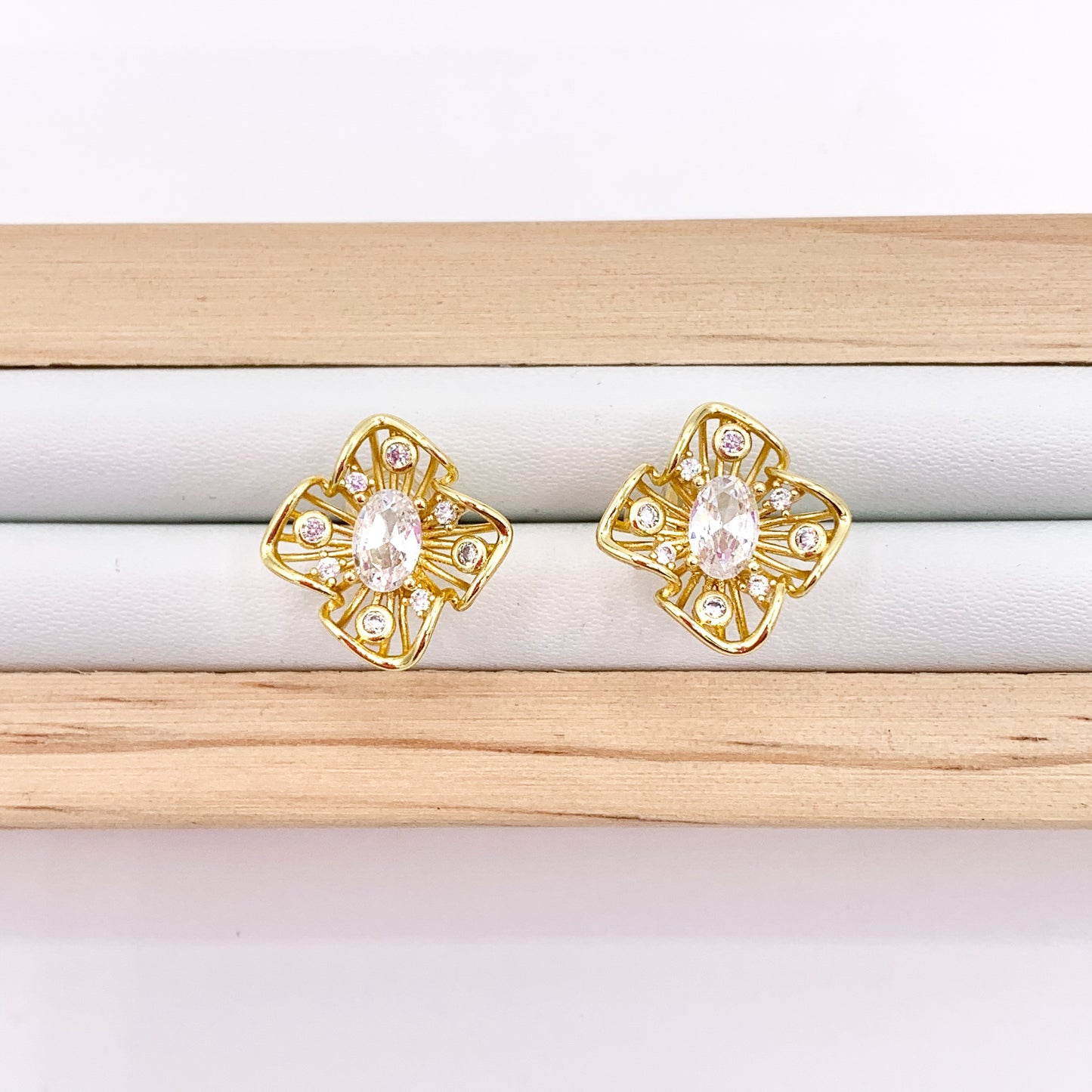 Dainty Square Filigree Studs in CZ Pave 18K Gold/Silver Plated Over Copper Earrings 4 PAIRS