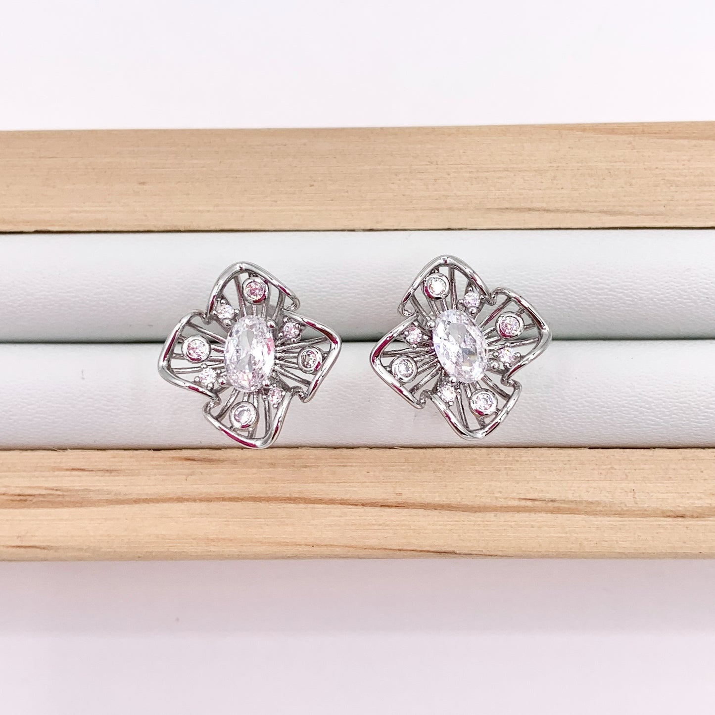 Dainty Square Filigree Studs in CZ Pave 18K Gold/Silver Plated Over Copper Earrings 4 PAIRS