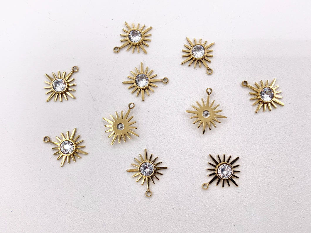 Adorable CZ Pave Starburst Charms in 18K Gold plated Stainless Steel 10 PCS