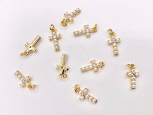 Load image into Gallery viewer, Real Gold 18K Plated Micro CZ Pave Tiny Pearl Cross Charm Over Brass 10 PCS
