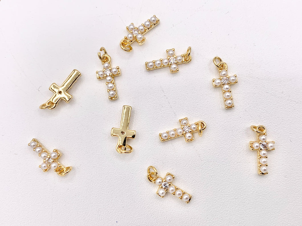 Real Gold 18K Plated Micro CZ Pave Tiny Pearl Cross Charm Over Brass 10 PCS